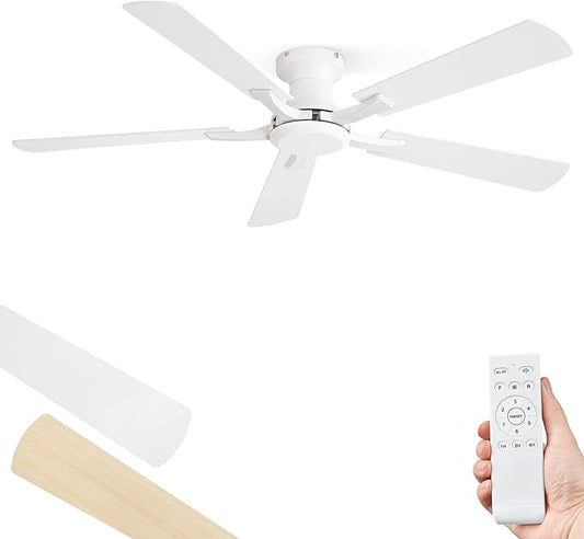 ZMISHIBO 52 Inch Ceiling Fan No Light, Flush Mount Low Profile, Modern White