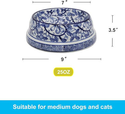 Aimusego Blue and White Vintage Ceramic Dog Bowl for Pet Owners, Anti-Skid Base Medium Large Water and Food Pet Cat Dish-9inch