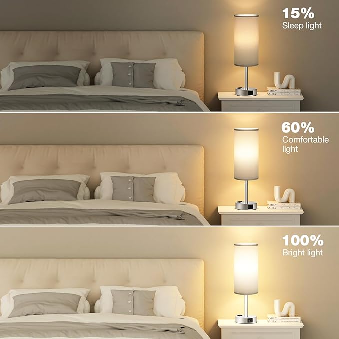 Fenmzee Grey Nightstand Table Lamp for Bedroom - 3 Way Dimmable Bedside Lamp USB C A Charging Ports and AC Outlet, Small Table Lamp Silver Base for Living Room, Office Desk, LED Bulb Included