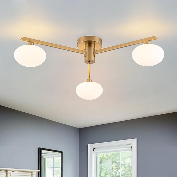 Semi Flush Mount Ceiling Light Fixture, Mid Century Modern 3-Light 22.5" Lighting Fixtures Ceiling, Matte Gold Ceiling Lights for Bedroom, Entryway, Hallway, Bathroom, Kitchen, Dining Room