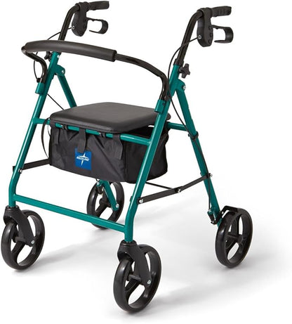 Medline Steel Rollator Walker for Adult Mobility Impairment, Green, 350 lb. Weight Capacity, 8” Wheels, Foldable, Adjustable Handles, Rolling Walker for Seniors