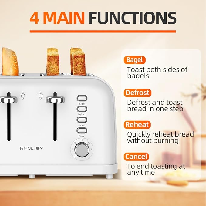 White Toaster 4 Slice, Dual Independent Controls, Extra Wide Slot Toasters