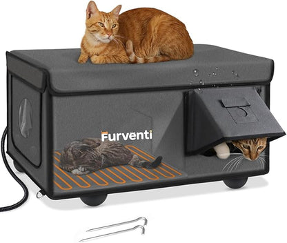 Outdoor Heated Cat House in Winter,Extremely Insulated & Weatherproof,Feral Cat Shelter with Waterproof Eaves & Escape Door for Outside Stray Barn Cat(Dark Grey,25.6"x16.5"x13.4")