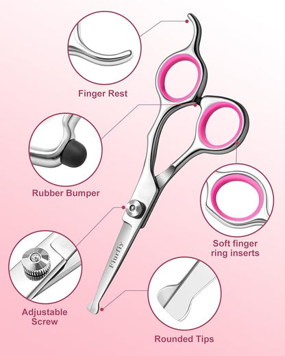 Furry Grooming Scissors with Safety Round Heads. Dog Grooming Scissors, 5CR 6 in 1 Dog Grooming Scissors, Curved Dog Grooming Scissors, Professional Pet Grooming Scissors Set for Dogs and Cats