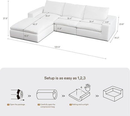 Vorthio Cloud Couch Sectional Oversized Modular Sofa with 35'' Deep Seat Boneless Couch L-Shape Comfy Sofa Stain-Resistant White Sectional Couches for Living Room Apartment 3 Seater + 1 Ottoman