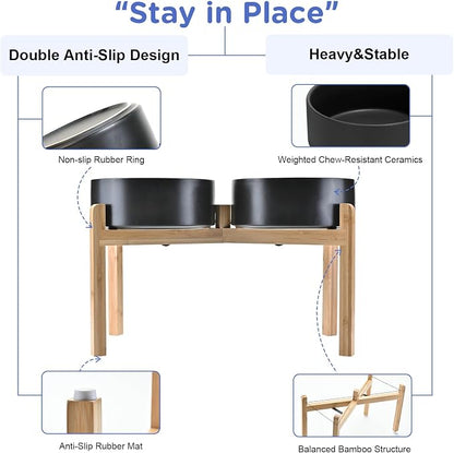SPUNKYJUNKY Elevated Dog Bowls Ceramic, 8.3'' Dogs Food Water Bowls Raised with Non-Slip Bamboo Stand for Large Sized Breed Microwave Dishwasher Safe - 60 OZ,Black