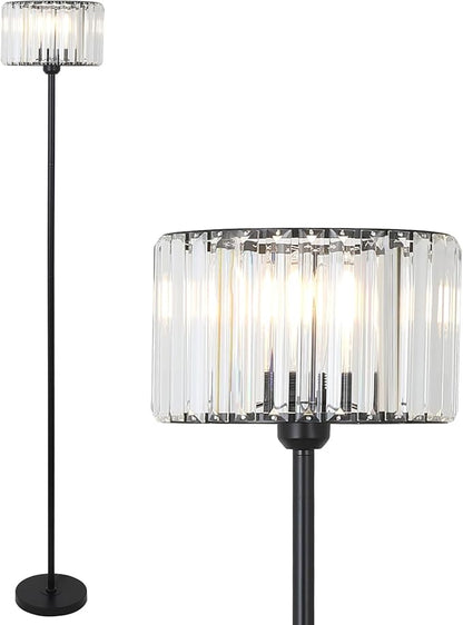 HMVPL Black Floor Lamp for Bedroom, Modern Floor Lamp for Living Room with K9 Crystal Shade, Industrial Standing Lamp with On/Off Switch, Vintage Corner Tall Lamp for Nursery Office Kids Girls Room