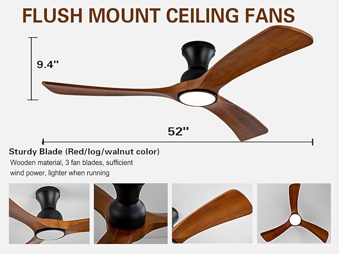 52 Inch Ceiling Fans with Lights and Remote Control, Flush Mount Low Profile