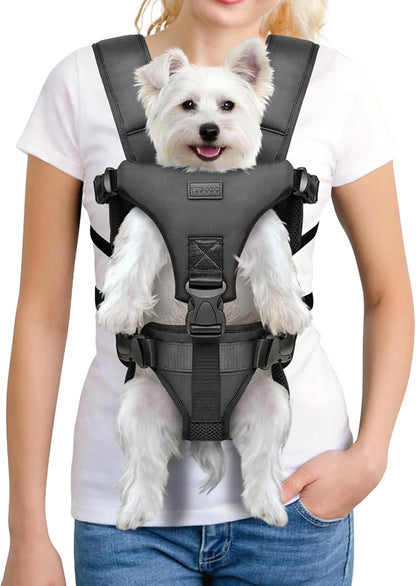YUDODO Front Pet Carrier Backpack for Small Dog, Legs Out Dog Chest Carrier | Safety Belt, Ergonomic Support, Hands Free, Durable & Comfortable, For Walking Hiking Cycling, Black, L