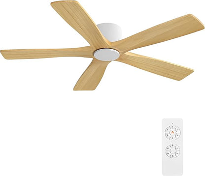 WINGBO 48" Flush Mount DC Ceiling Fans Without Lights, 5 Carved Solid Wood