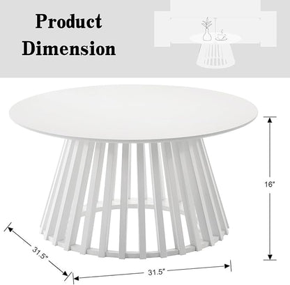 DUOMAY Modern Solid Wood Round Coffee Table with Geometric Base, Sturdy Wood Center Table for Living Room, Lounge, Office, White Color