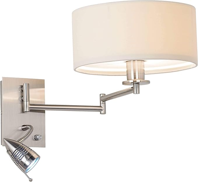Possini Euro Design Tesoro Modern Swing Arm Wall Mounted Lamp Adjustable LED Brushed Nickel Plug-in Light Fixture Off White Drum Shade for Bedroom Bedside House Reading Living Room Home Hallway