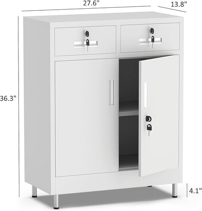 Metal Storage Cabinet with Locking Doors and 2 Drawers, Lockable Storage
