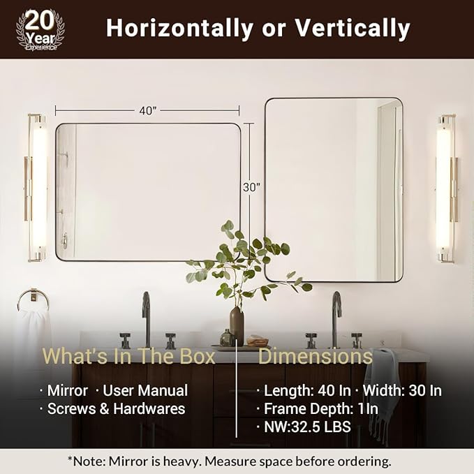 ANDY STAR Bathroom Mirrors for Wall, Rounded Rectangle Mirror, Framed in