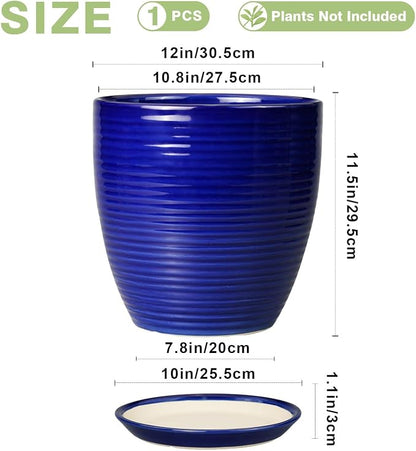 Ceramic Planter Pot - 12 Inch Pot for Plants Large Indoor Plant Pot with Drainage Hole and Saucer Fluted Round Planter for Outdoor Plants Flower Pot for Home Garden Blue