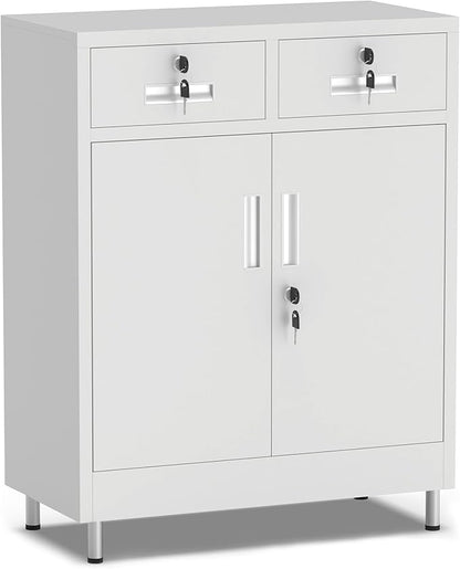 Metal Storage Cabinet with Locking Doors and 2 Drawers, Lockable Storage