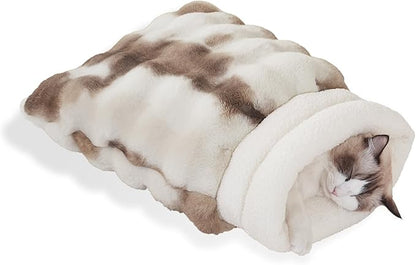 Cat Sleeping Bags for Indoor Cats Self Warming Cat Bed Fits up to 15 lbs Pets Soft Plush Warm Bed 360° Wrap Bag Washable Comfortable Pet Sleeping Bed 21" × 17" Coffee White