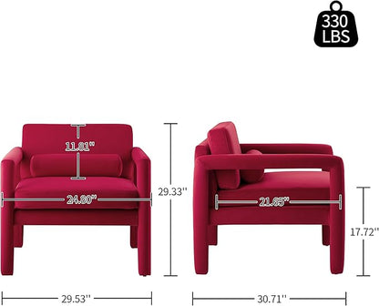 Art Leon Modern Accent Chair, Velvet Upholstered Arm Chair with Pillow, Single Sofa Chair for Living Room Bedroom, Red