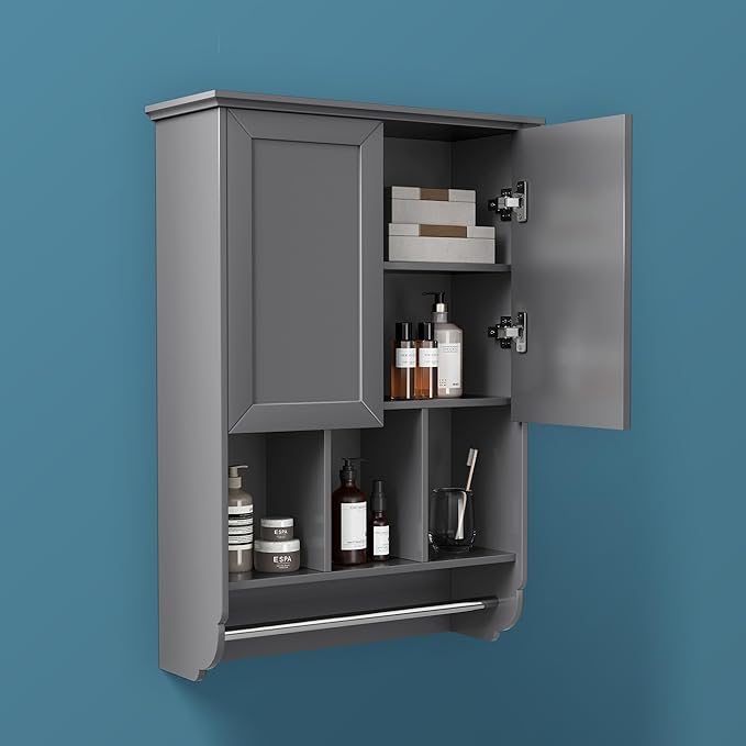Bathroom Wall Cabinet with Towel Bar, Wooden Medicine Cabinet Adjustable Shelves