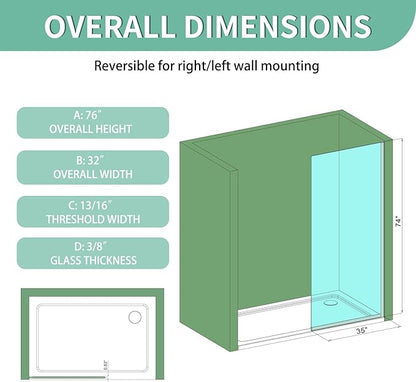 35"x74" Semi-Framed Shower Screen, Single Fixed Shower Glass Panel