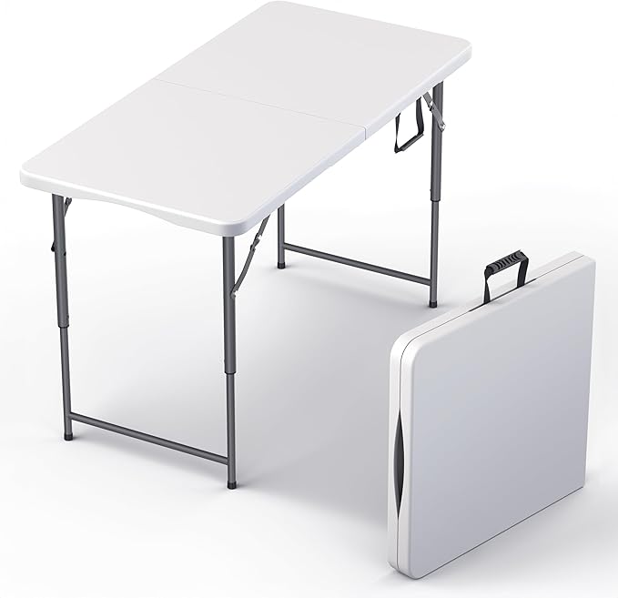 4 Feet Foldable Table Adjustable Height with Built in Handle, Steel Legs | 4FT Heavy Duty Portable | Perfect for Party Dining Wedding Events Picnic Indoor Outdoor Camping Utility Folding - 4 Foot