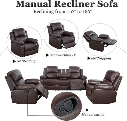 A Ainehome Living Room Furniture Set Leather Recliner Sofa Set Loveseat Chair Furniture Sofa Set for Living Room/Small Space/Rv/House/Office/Theater Seating (A-Brown Leather, 3 Piece Set)