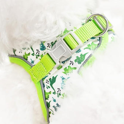 Step in Dog Harness and Leash Set, Flower Adjustable Easy Walk Puppy Harnesses, Soft Mesh Pet Vest Harness Small Size Dog Adjustable No Pull Dog Harness for Small Medium Dogs(Dinosaur, S)