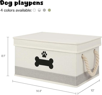 Dog Toy Basket with Lid, Dog Basket for Toys, Dogs Toy Box with Cotton Rope Handles, Collapsible Storage Bins for Pet Toys, Dogs Storage Organizer, Beige&Gray