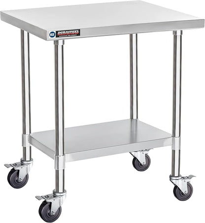 DuraSteel 24x30 NSF Stainless Steel Cart Work Table - Heavy Duty Rolling Food Prep Table Countertop Island - Metal Utility Cart on Wheels Caster, Grill Stand Storage Outdoor Kitchen Tables Bar Top