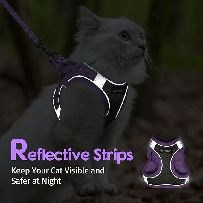 Dooradar Cat Harness and Leash Set, Escape Proof Lightweight Kitten Harness, Soft Breathable Reflective Vest for Outdoor Walking Traveling, Adjustable for Small Cats, Grey & Purple, S