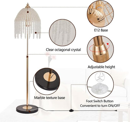 Vintage Style Floor Standing Lamp, Waterfall Design with Grape-Shaped Tall Gold Pole Light, Modern Dimmable Crystals Standing Lamps (Gold + Iron-6)