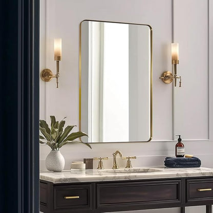 ANDY STAR Gold Bathroom Mirror, 24x36 Brushed Brass Rectangle Metal Frame Mirror