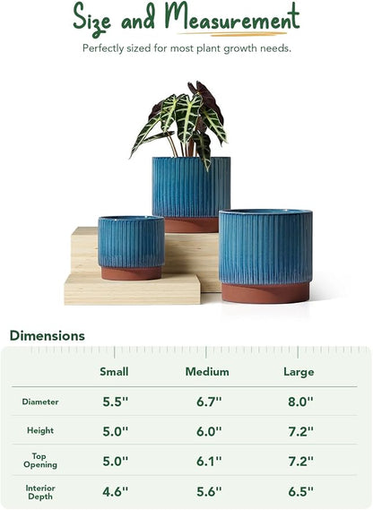 LE TAUCI Ceramic Pots for Plants, 8+6.7+5.5 Inch Plant Pots Indoor, Flower Pot with Drainage Holes, Medium Cylinder Planters for Indoor House Plants, Set of 3, Blue