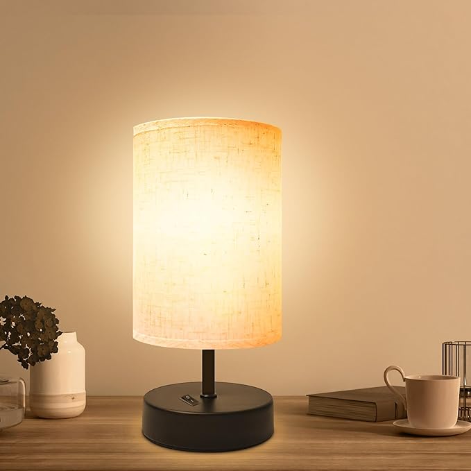 Small Bedside Lamp, Mini Minimalist Table Lamp with Round Flaxen Fabric Shade, 9 Inch Desk Reading Lamp for Bedroom, Living Room, Office, 1 Pack
