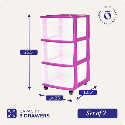 HOMZ 2-Pack Drawer Tower, 3-Tier Clear Plastic Storage Organizer Cart, and