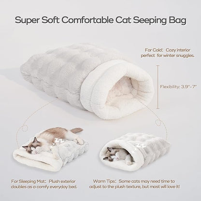 4 in 1 Cat Sleeping Bag Plush Self Warming Cat Bed Snuggle Bag Blanket Mat Cave (Small Cats Up to 15 lbs) White 21 × 17 Inch