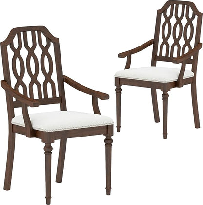 chairus Farmhouse Dining Chairs Set of 2, French Country Vintage Wooden Dining Room Chairs with Arm, Lattice Back & Turned Legs, Rustic Chenille Upholstered Nailhead Trim Kitchen Chairs, Walnut Brown