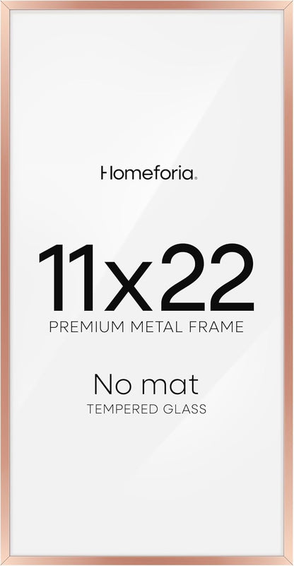 Homeforia 11x22 Newspaper Frame Rose Gold, High End Metal 11 x 22 Picture Frame without Mat, 22x11 Thin Rose Gold Poster Frames for Wall, 11by22 Display Photo Frame, Tempered Glass, Wall Kit, Set of 1