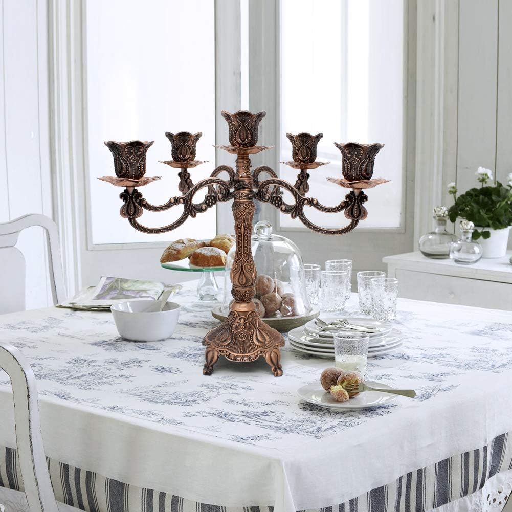Metal Candelabra 5-Candle 10.1 Inch Tall Candle Holder Stick for Home Wedding Event and Party Festival,Red Bronze