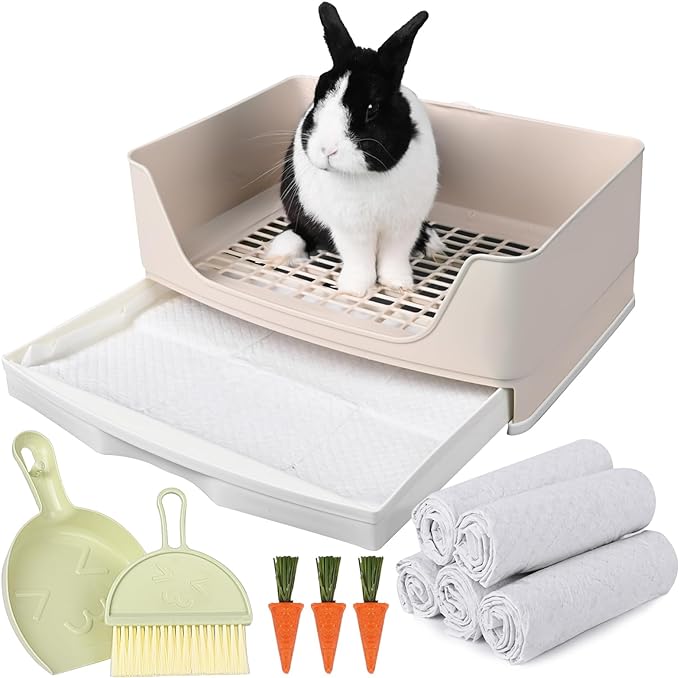 Large Rabbit Litter Box Bunny Potty Training Corner Litter Pan with Drawer Comes with Liners Rabbit Pee Pads, Small Animal Bedding Toilet for Adult Guinea Pig, Ferret, Hamster, Bunnies