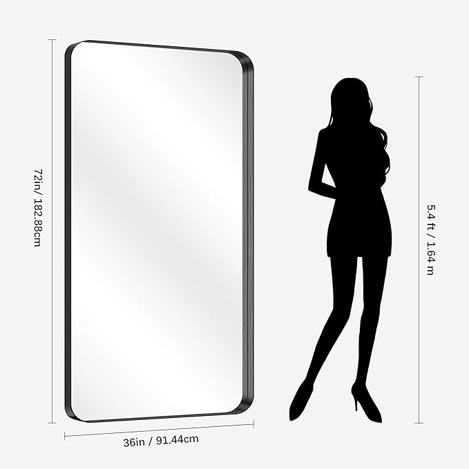 CIRCUMI Black Bathroom Mirror, Rounded Corner, Tempered Glass, Large Mirror