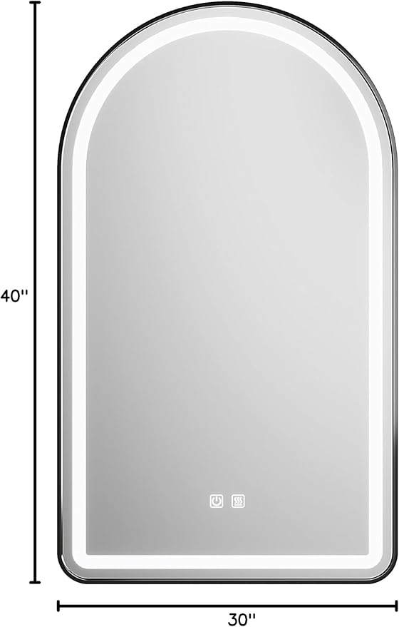 30x40 inch Black Tempered Glass LED Arched Mirror