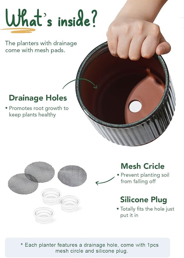 LE TAUCI Ceramic Plant Pots with Drainage Holes, Set of 3, 8+6.7+5.5 Inch Stripe Garden Planter Pots for Outdoor Indoor Plants Flower, Round Succulent Orchid Flower Pot, Reactive Glaze Black