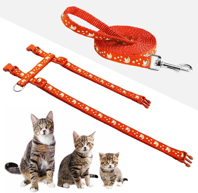 Cat Harness and Leash Set Gold Moons Soft Nylon Escape Proof Adjustable for Kittens Small Animals Glow in The Dark(Orange)