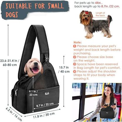 SlowTon Dog Sling Carrier, Hands Free Hard Bottom for Small Dogs up to 6 lb | Breathable Mesh Support, Adjustable Padded Strap, with Pocket Safety Belt, Machine Washable, for Small Animal Puppy, Black