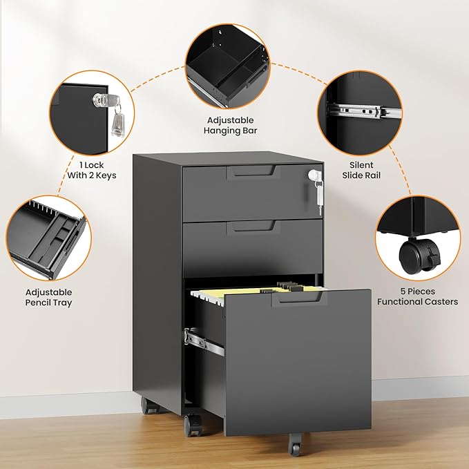 3 Drawer File Cabinet with Lock, Fully Assembled Metal Mobile Filing Cabinets