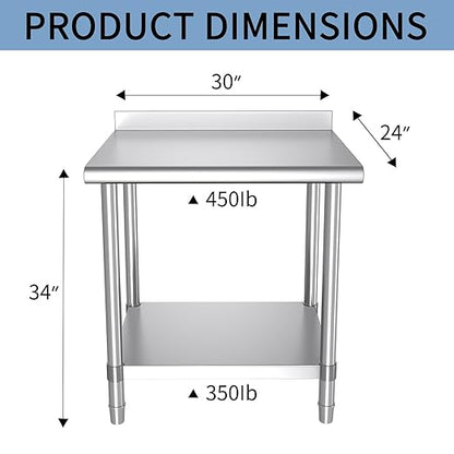 Mioleu Stainless Steel Table, 30 x 24 Inches Commercial Metal Prep & Work Table with Backsplash and Adjustable Undershelf for Kitchen Restaurant Home Garage Warehouse