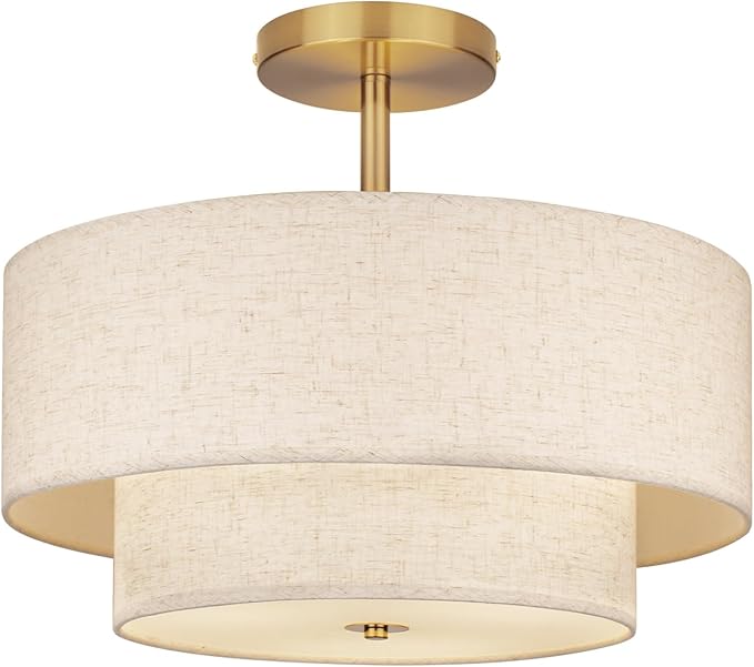 18 Inch Large Semi Flush Mount Ceiling Light Fixture with Dual Drum Design, Gold Farmhouse Fabric Linen Shade for Bedroom, Living Room, Kitchen, and Dining - Modern Chandelier Lamp