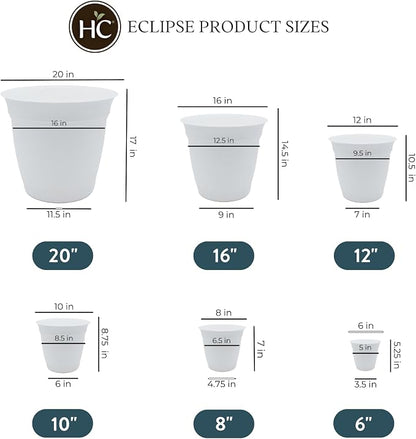 The HC Companies 8 Inch Eclipse Round Planter Pots with Drainage Holes & Attached Saucer, Lightweight UV-Resistant Plastic Indoor & Outdoor Planters, 6-Pack Flower Pots for Garden & Home Decor, White