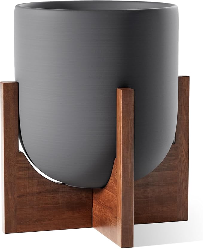 LE TAUCI 12 Inch Planter with Acacia Wood Stand, Ceramic Large Plant Pot for Indoor Plants, Cylinder Pots with Drainage Hole and Plug, Charcoal Gray